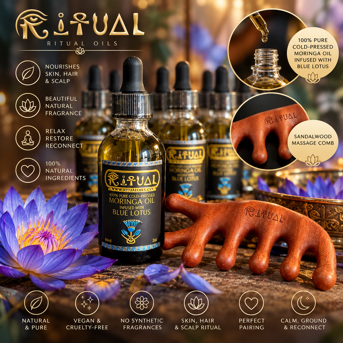 Blue Lotus - Ritual Oils - 100% Pure Cold-Pressed Moringa Oil Infused With Blue Lotus