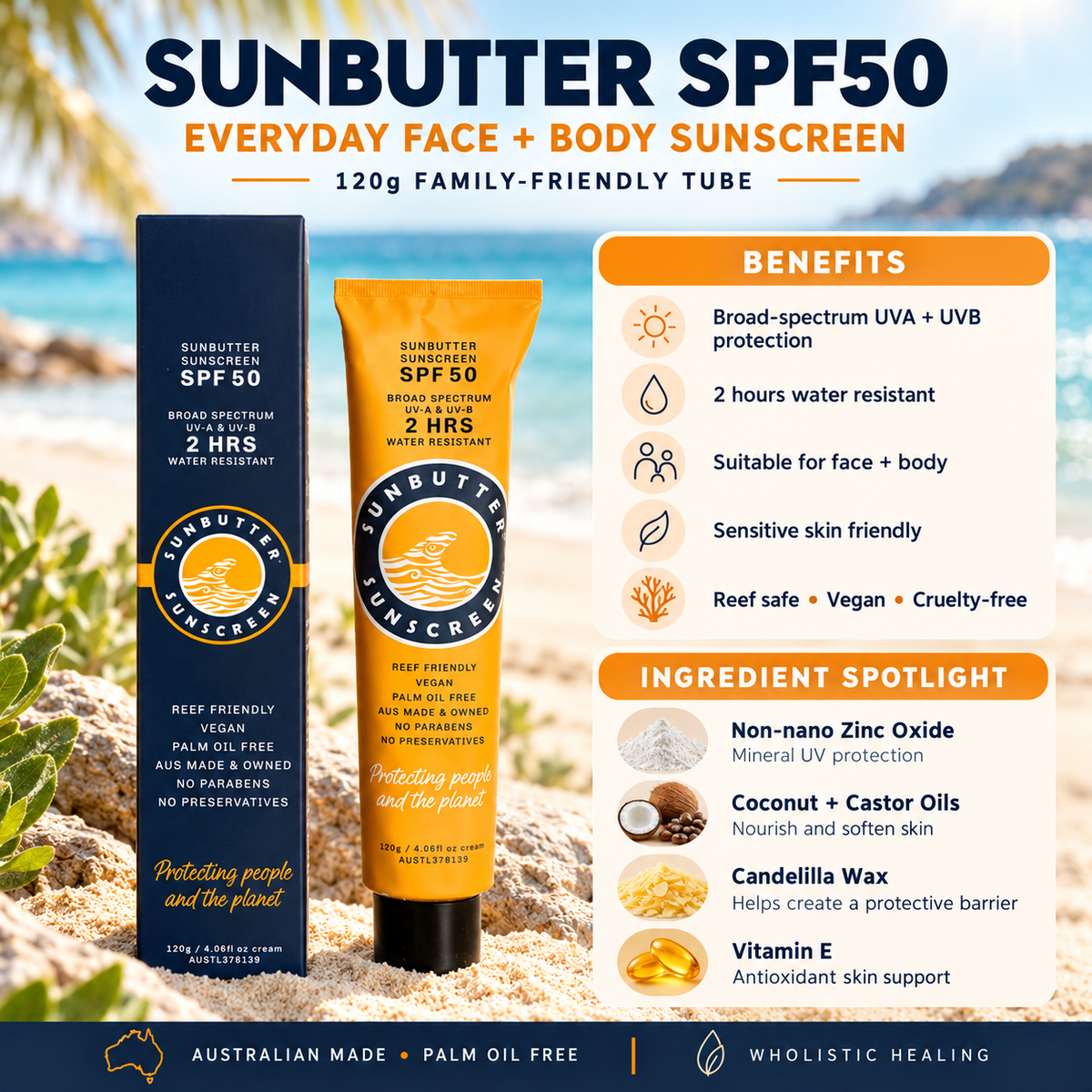 SunButter Skincare Sunscreen SPF50 Tube - 120g